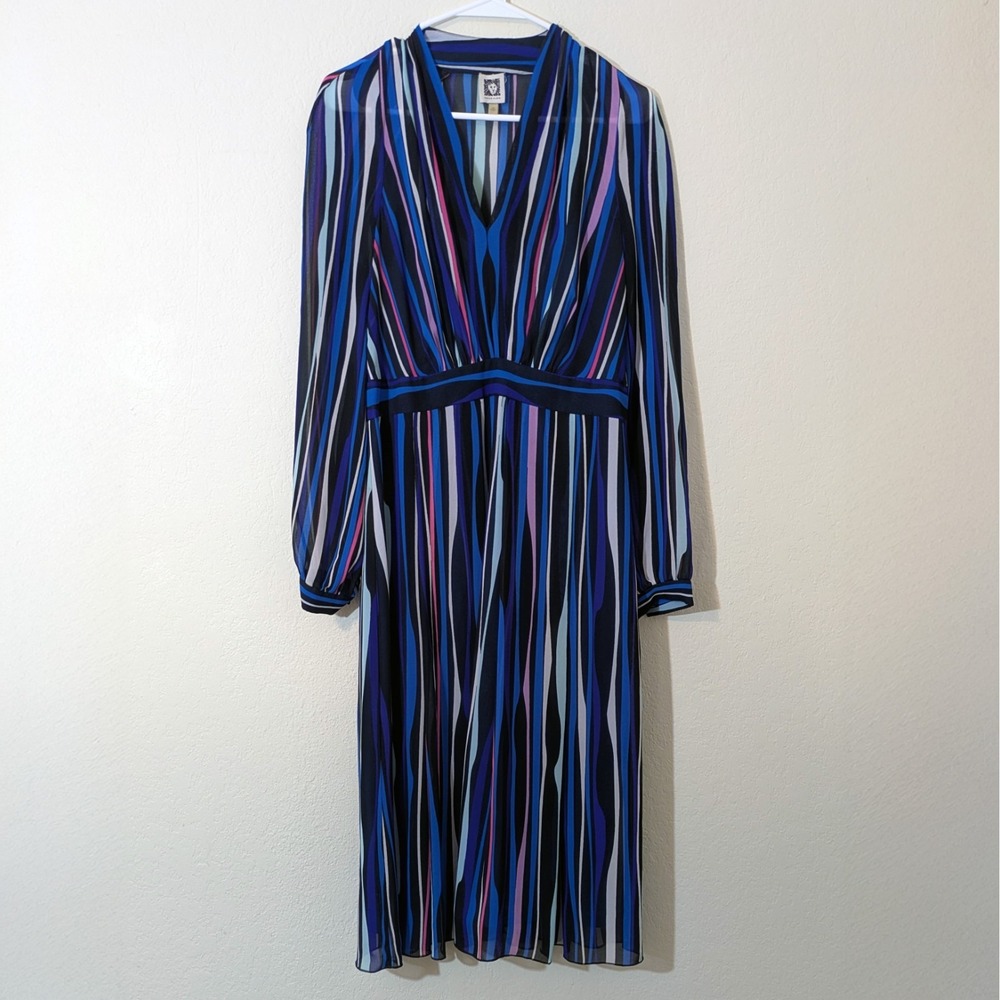Anne Klein Striped Fit & Flare Dress Size 10 Blue Multicolor Chiffon Sheer